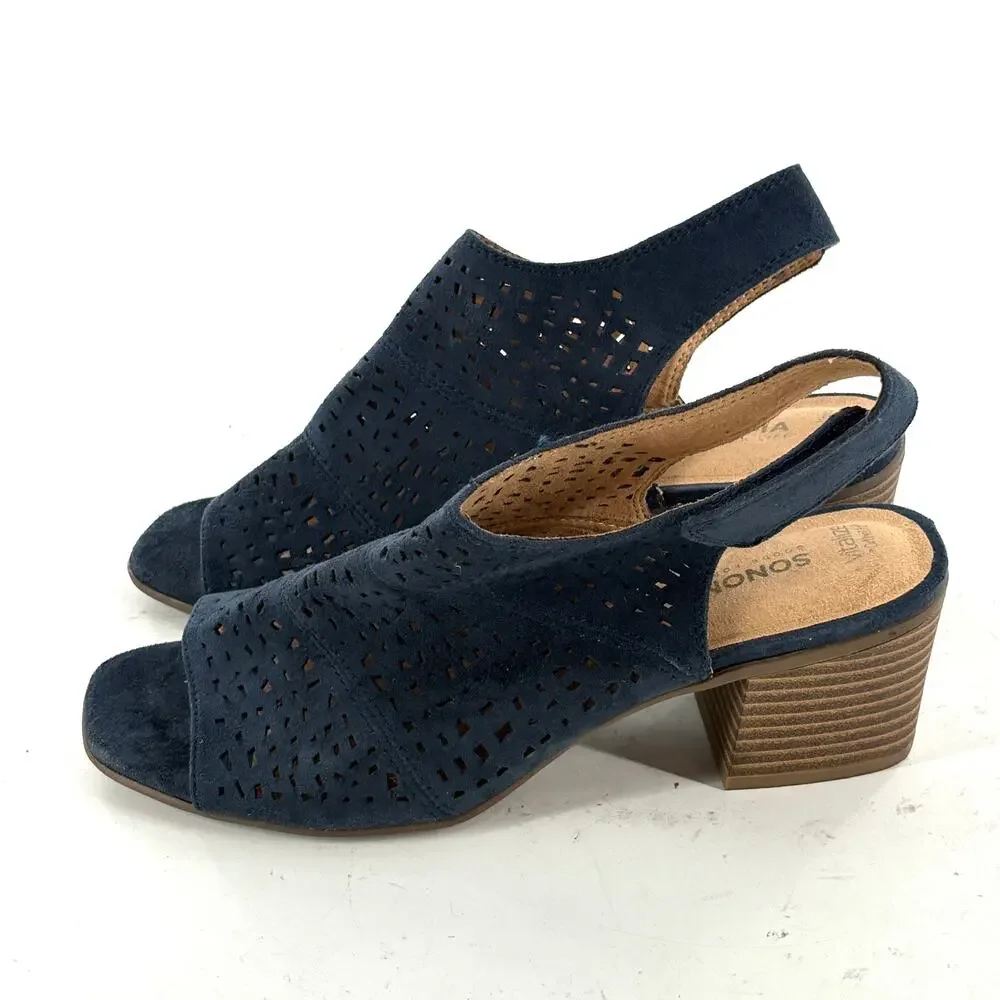 Sonoma Suede Slingback Heels 8 Navy Blue Lasercut Western Boho Festival